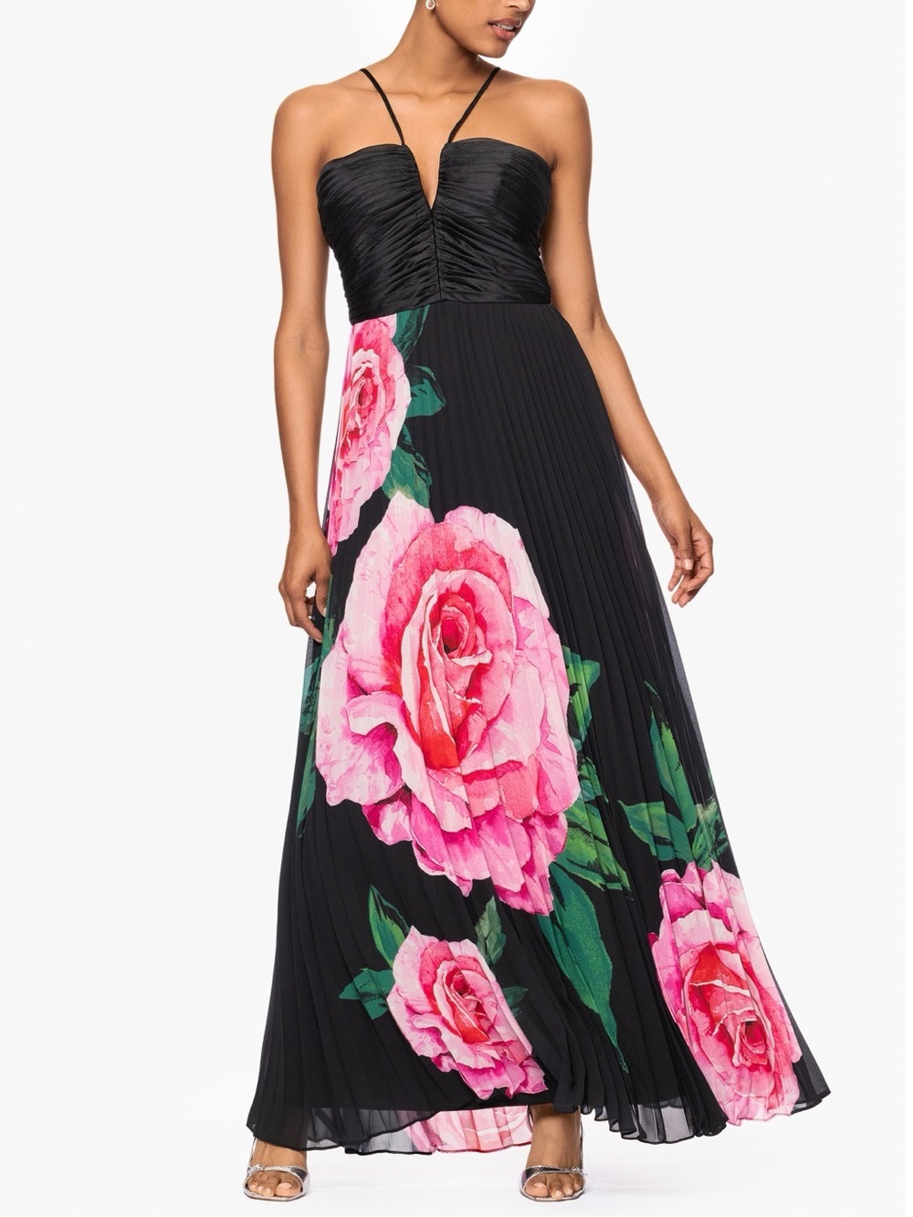 NWT Xscape Pebble Pleated Gown Rose Floral Halter Black Pink Sz 10